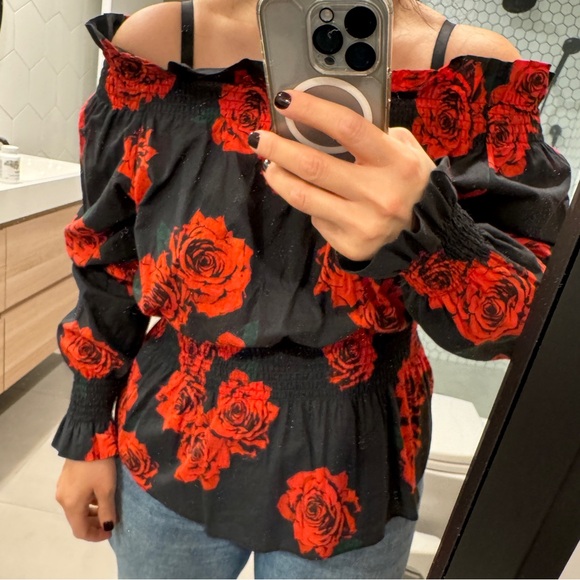 Adam Lippes Rose Print Off Shoulder Blouse - Picture 6 of 6